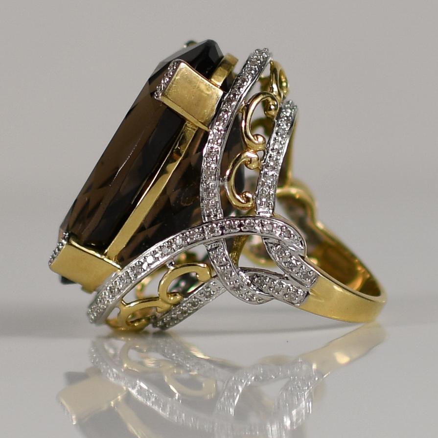 57 Carat Smokey Quartz Statement Ring 14K Gold w/ Diamond Accents