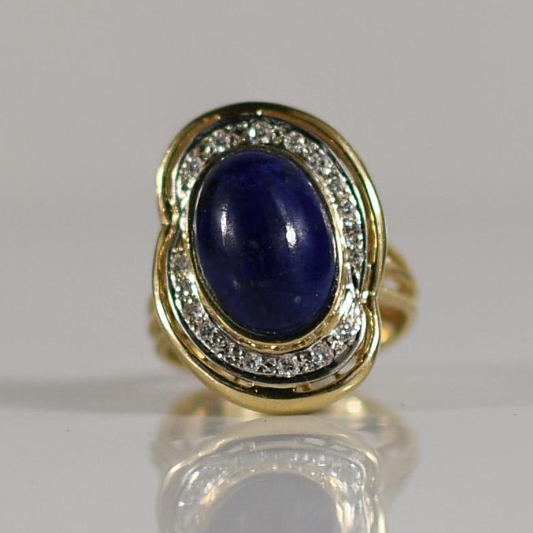 6ct Lapis Lazuli Oval Cabochon Bezel Set with Diamond Accents in 14k Yellow Gold