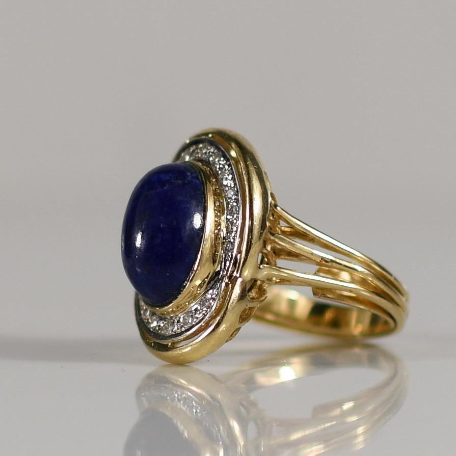 6ct Lapis Lazuli Oval Cabochon Bezel Set with Diamond Accents in 14k Yellow Gold