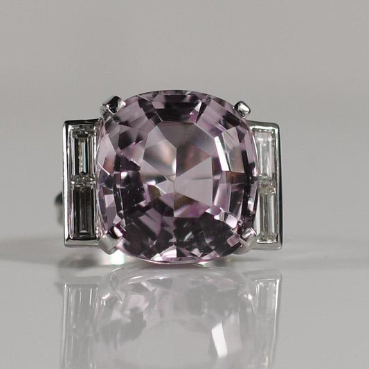 23ctw Kunzite Cushion and Diamond Baguette Ring in 14k White Gold