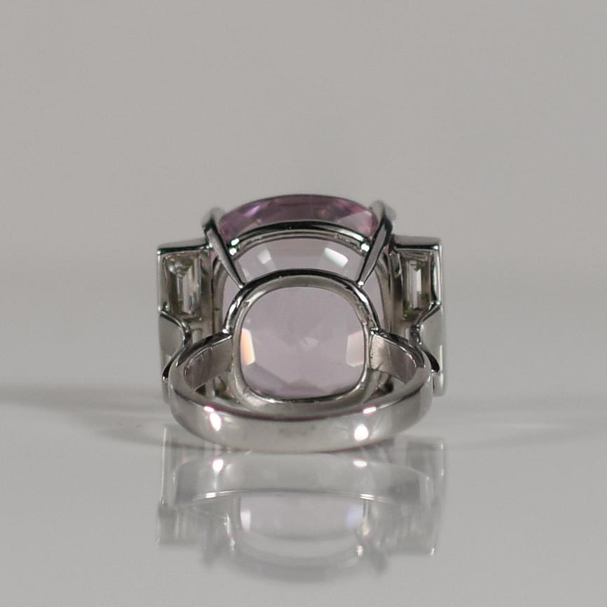 23ctw Kunzite Cushion and Diamond Baguette Ring in 14k White Gold