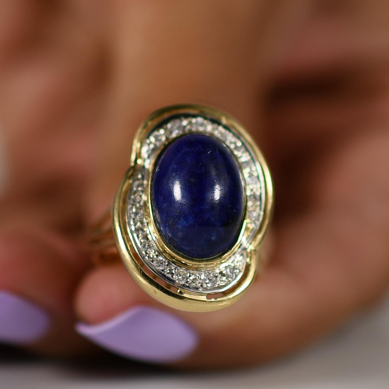 6ct Lapis Lazuli Oval Cabochon Bezel Set with Diamond Accents in 14k Yellow Gold