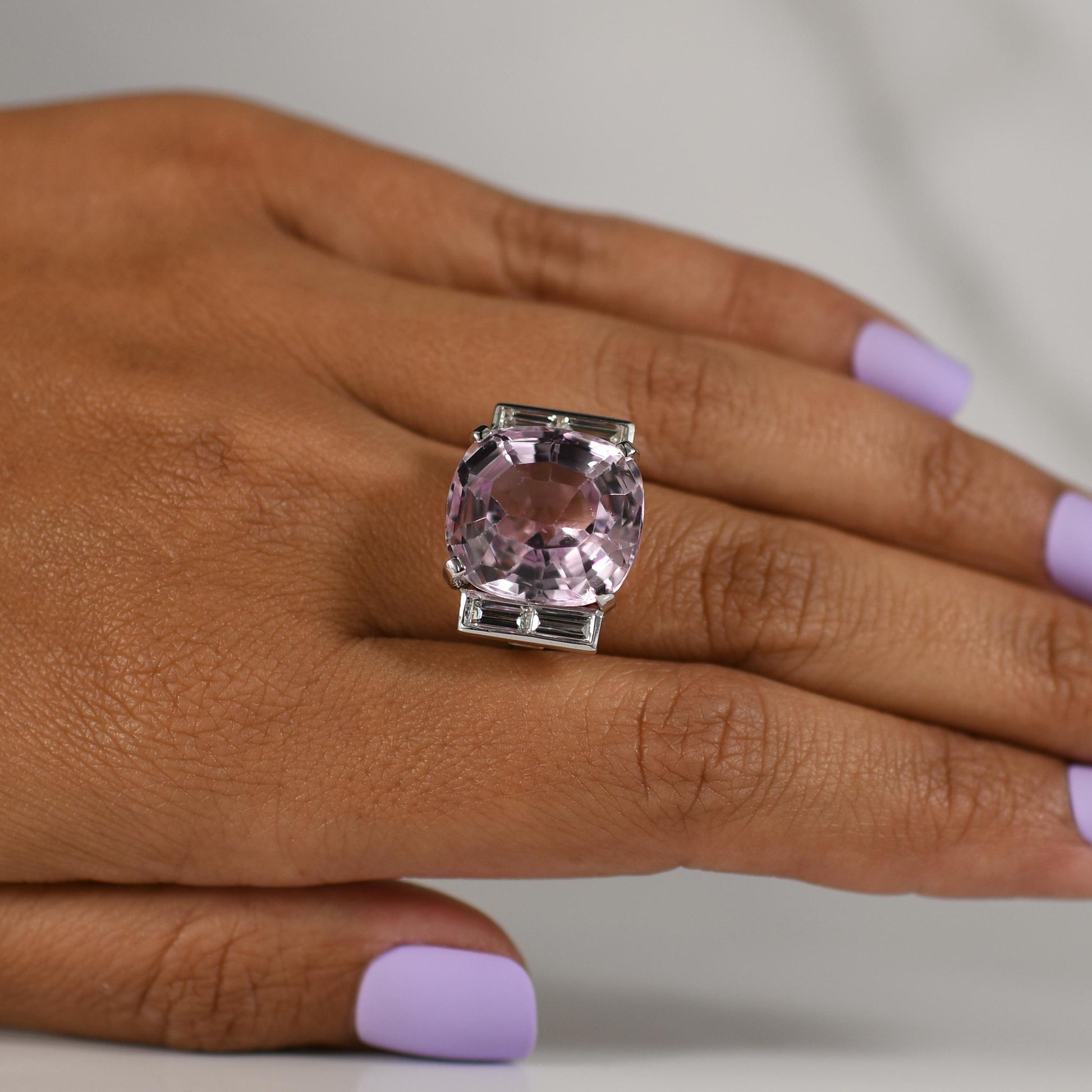 23ctw Kunzite Cushion and Diamond Baguette Ring in 14k White Gold