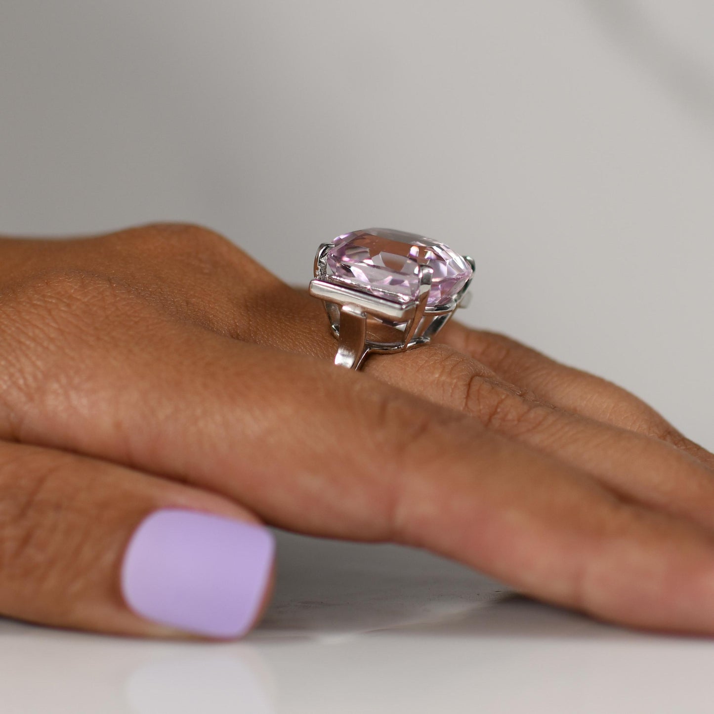 23ctw Kunzite Cushion and Diamond Baguette Ring in 14k White Gold