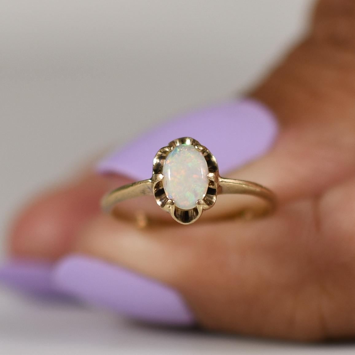 Petite Opal Oval Solitaire Ring in 10k Yellow Gold