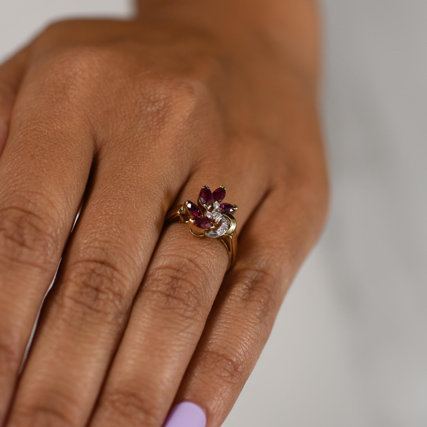 Ruby Flower Ring with Diamond Accents 14k Yellow Gold