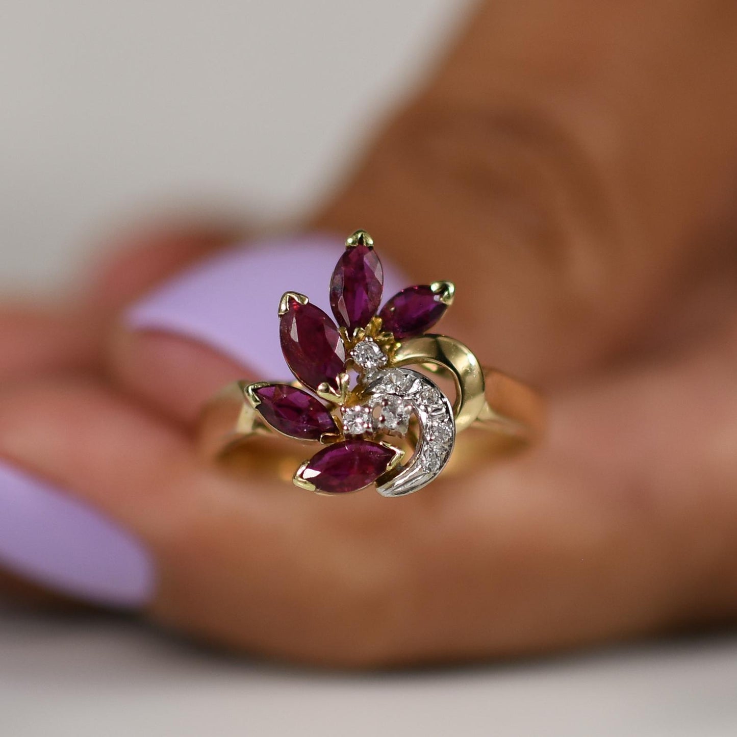 Ruby Flower Ring with Diamond Accents 14k Yellow Gold