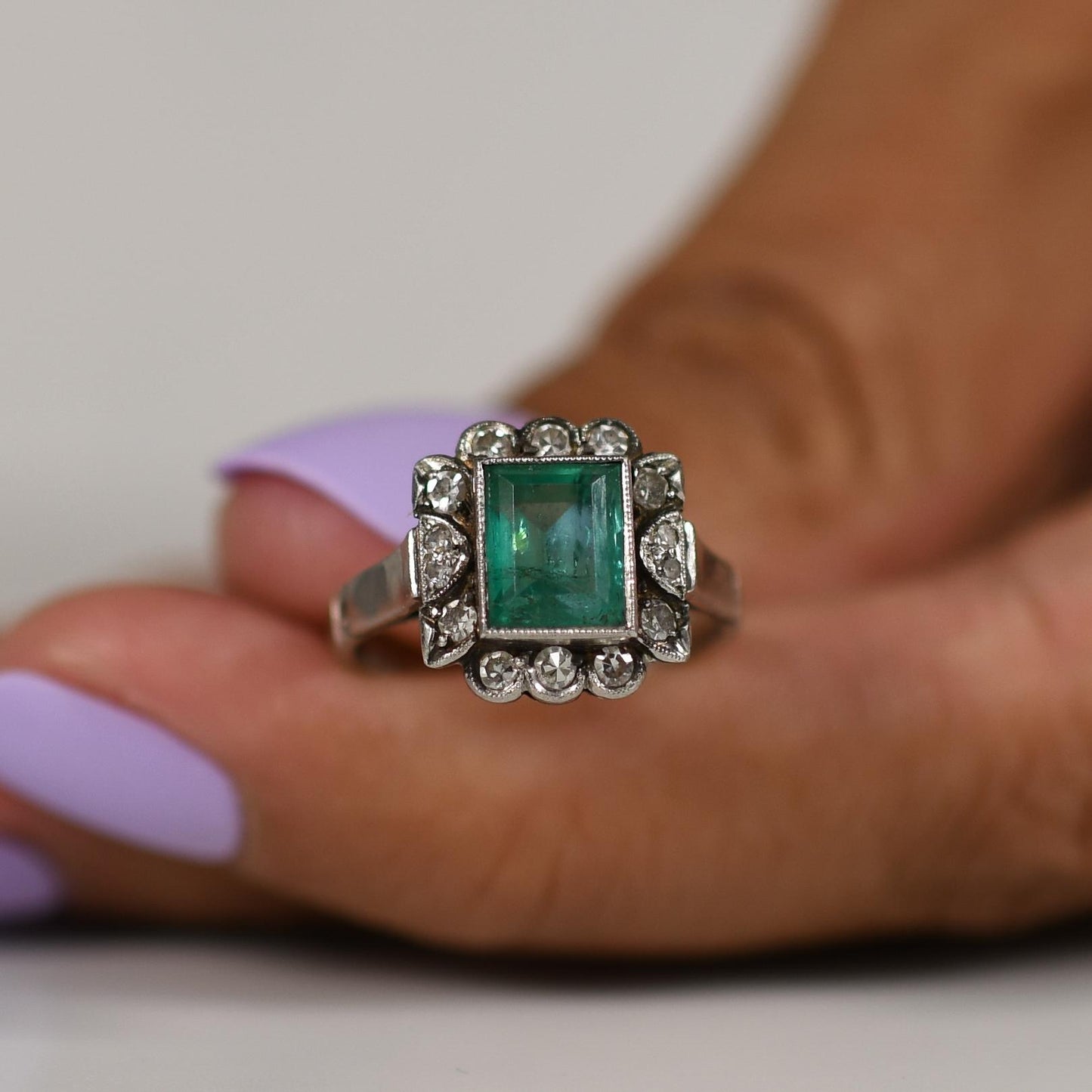 Art Deco Bezel Set Natural Emerald and Diamond Ring in Platinum