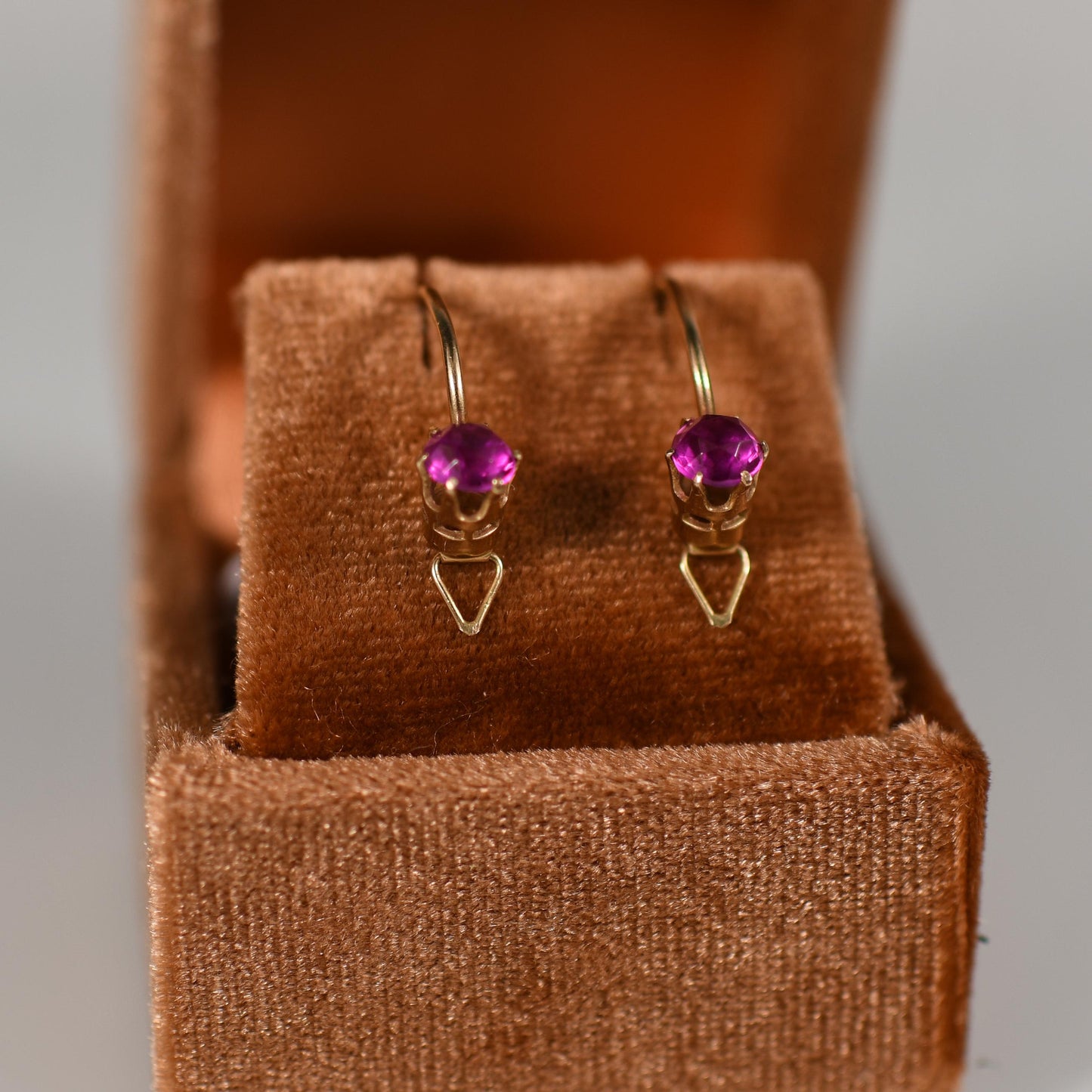 Vintage Soviet made Synthetic Ruby Earrings in 14K Yellow Gold