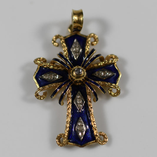 Vintage Blue Enamel Cross Diamond Accent 18k Yellow Gold Pendant