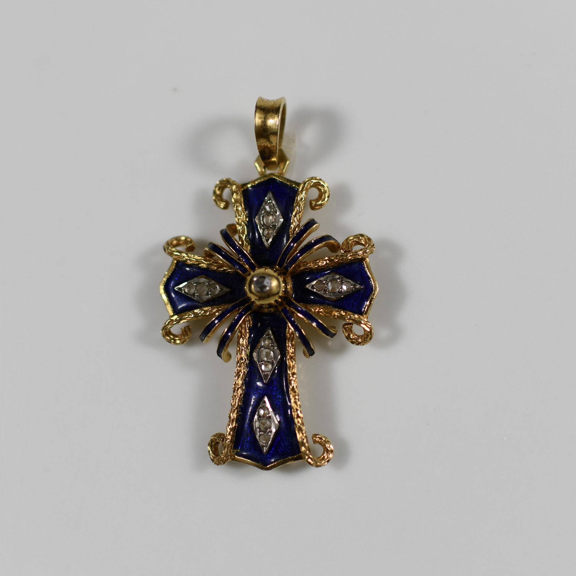 Vintage Blue Enamel Cross Diamond Accent 18k Yellow Gold Pendant