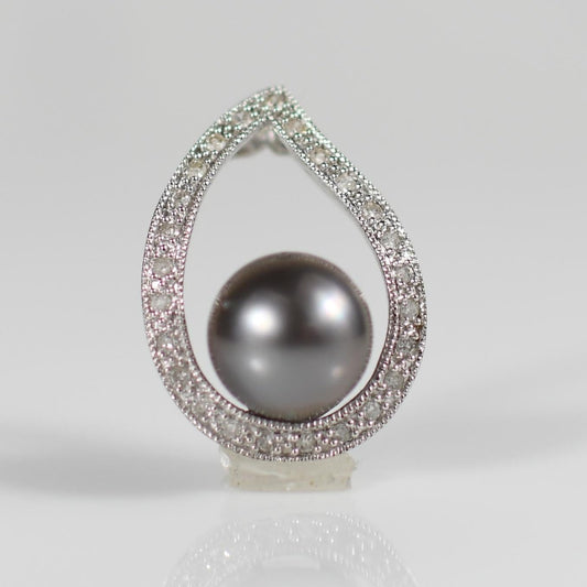 Black Pearl Surrounded by Diamond Teardrop 18k White Gold Pendant