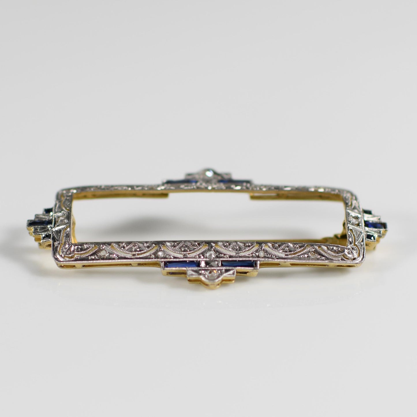 Edwardian Diamond and Sapphire Platinum over 18k Yellow Gold Rectangle Brooch