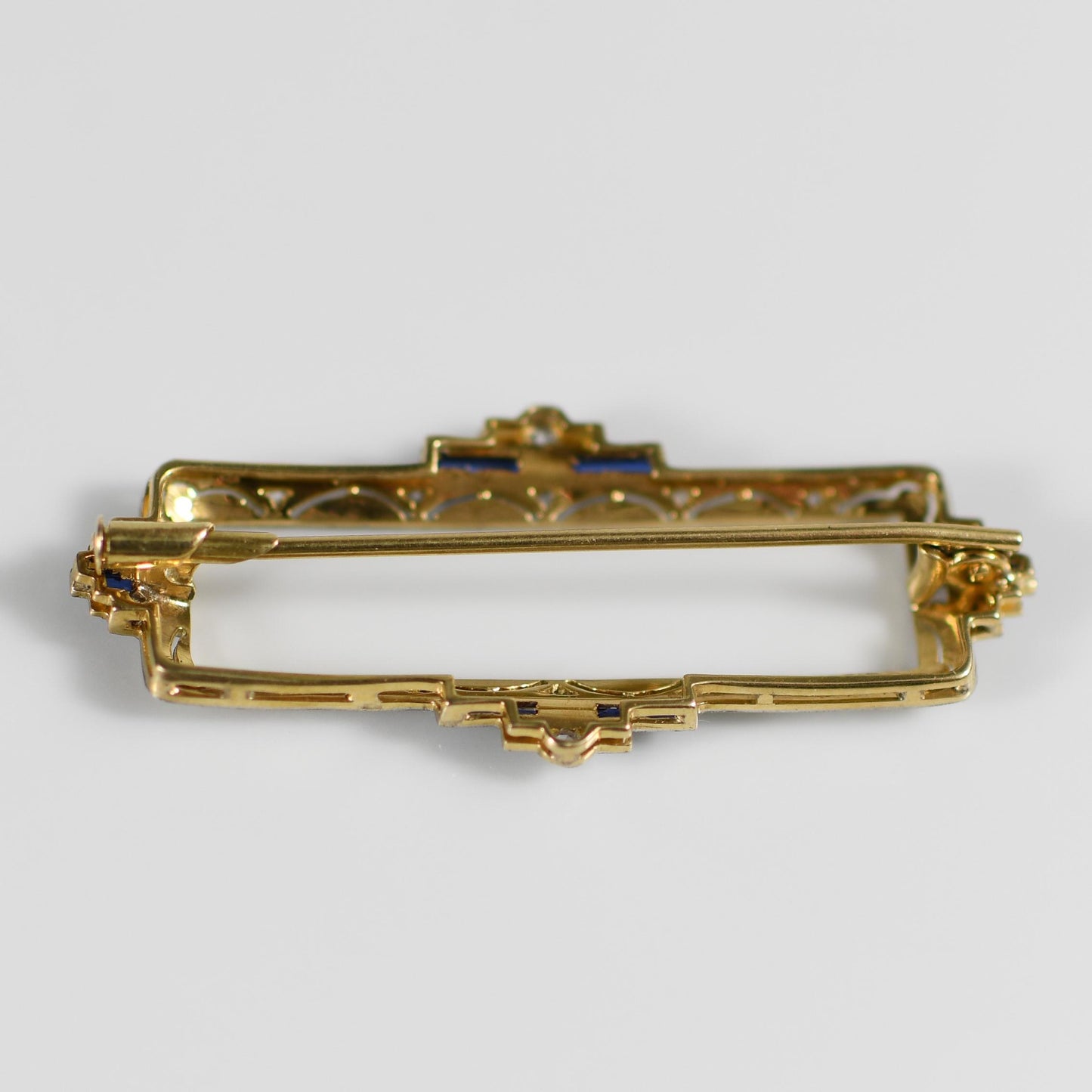 Edwardian Diamond and Sapphire Platinum over 18k Yellow Gold Rectangle Brooch