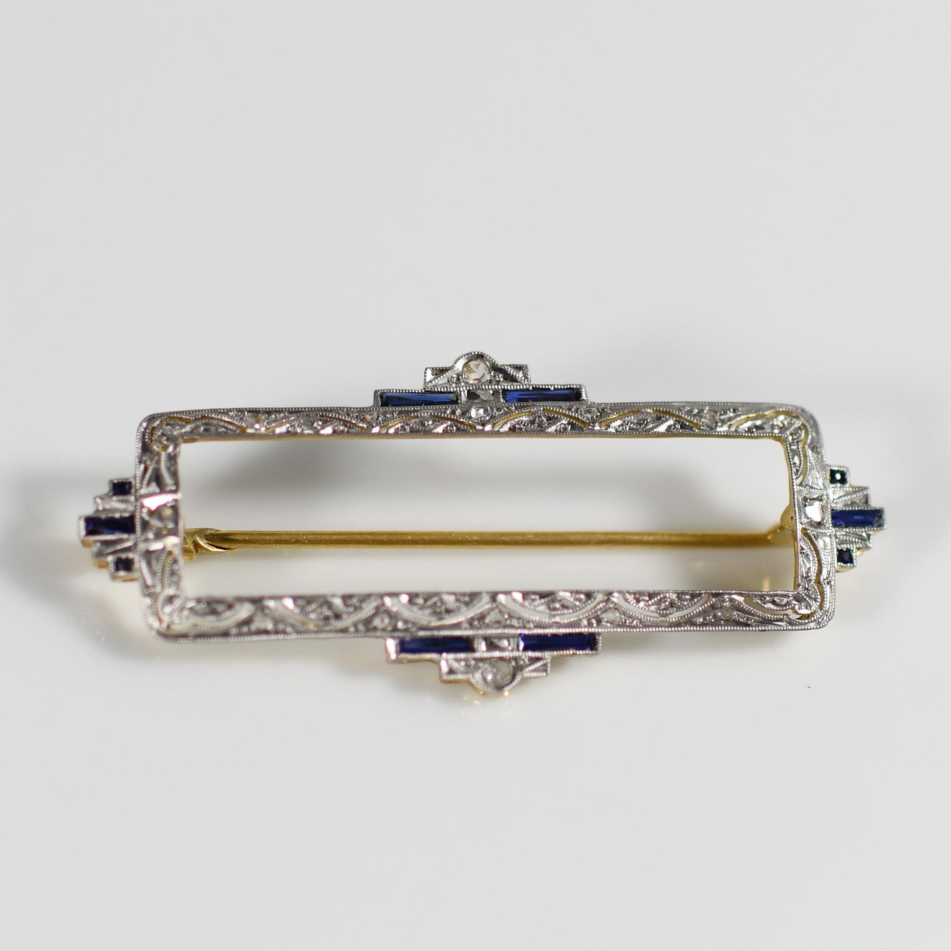 Edwardian Diamond and Sapphire Platinum over 18k Yellow Gold Rectangle Brooch