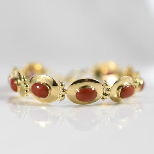 Coral Oval Bezel Set Disc 18k Yellow Gold Links w Toggle Clasp Italian