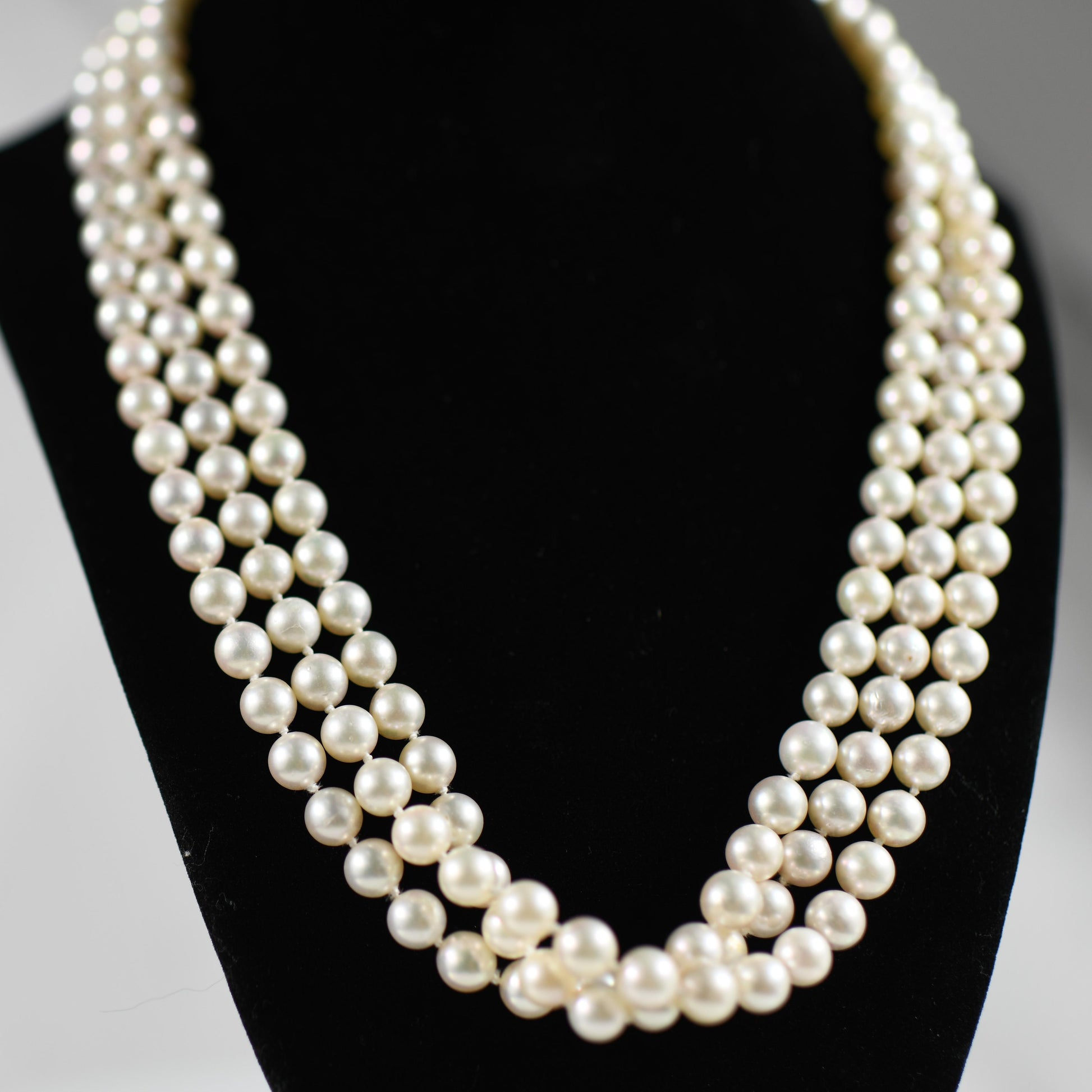 Triple Strand Cultured Pearl Necklace w 3ct Diamond Pave Onyx and 18K Gold Clasp