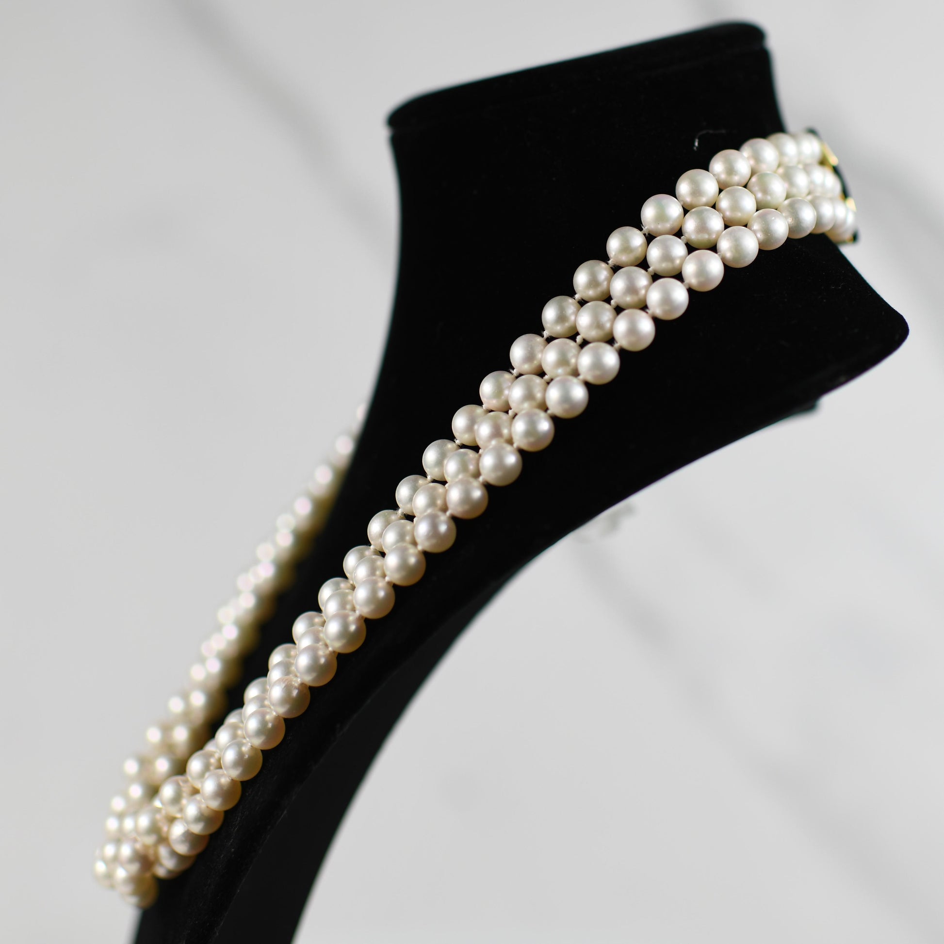 Triple Strand Cultured Pearl Necklace w 3ct Diamond Pave Onyx and 18K Gold Clasp