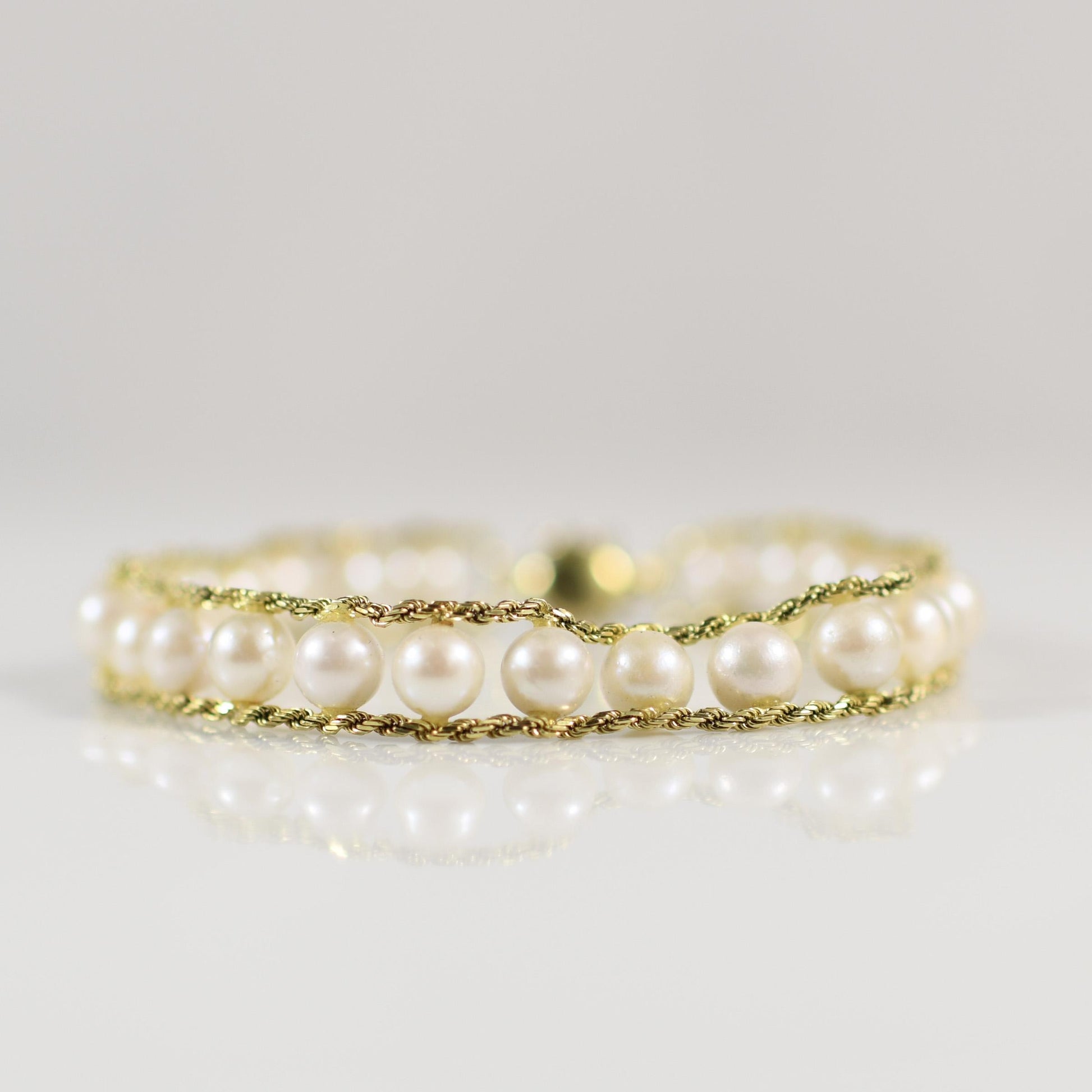 Double Rope Cultured Pearl Bracelet in 14k Yellow Gold