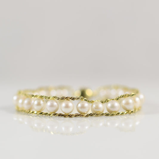 Double Rope Cultured Pearl Bracelet in 14k Yellow Gold