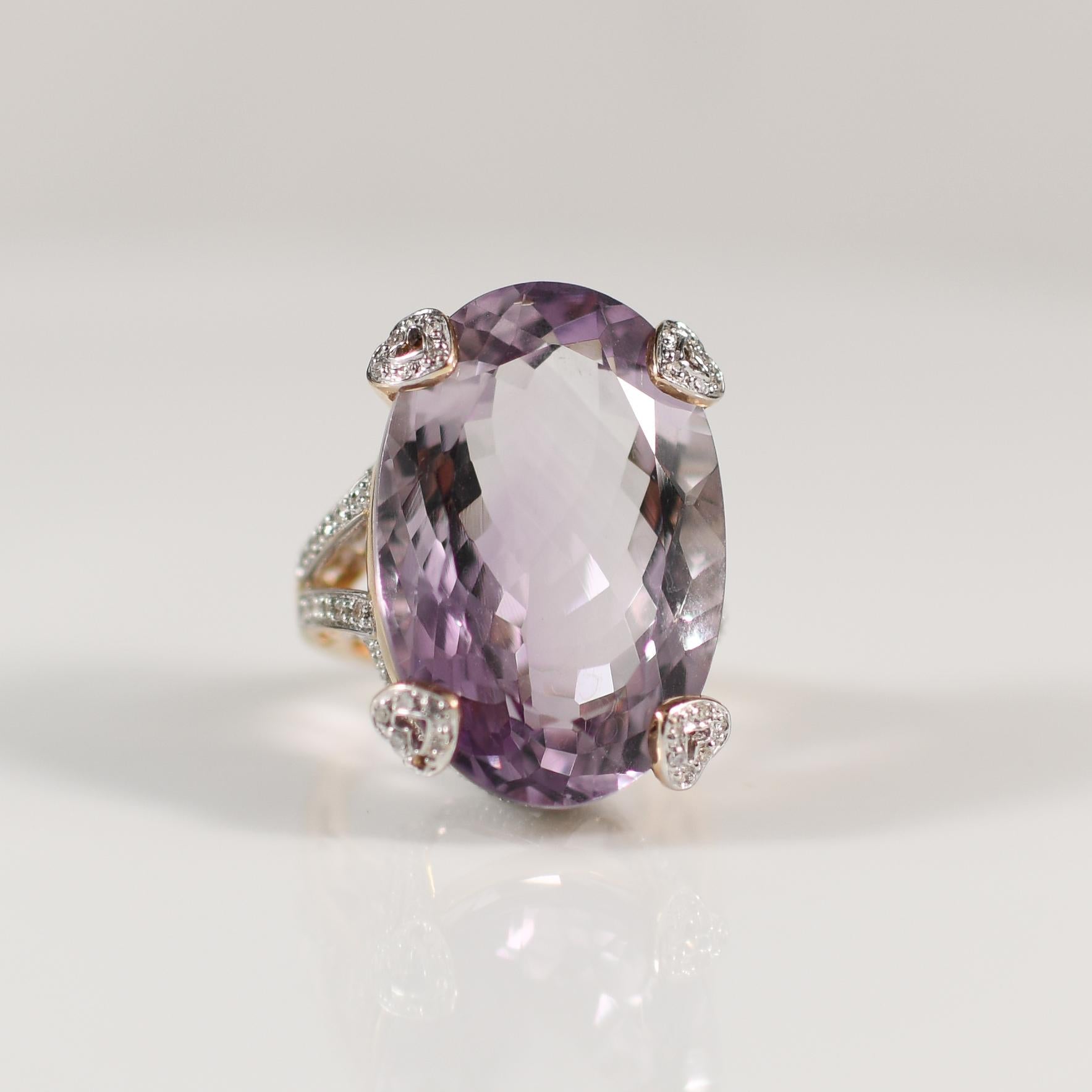 42ct Amethyst Statement Ring with Diamond Heart Motif in 14K Gold