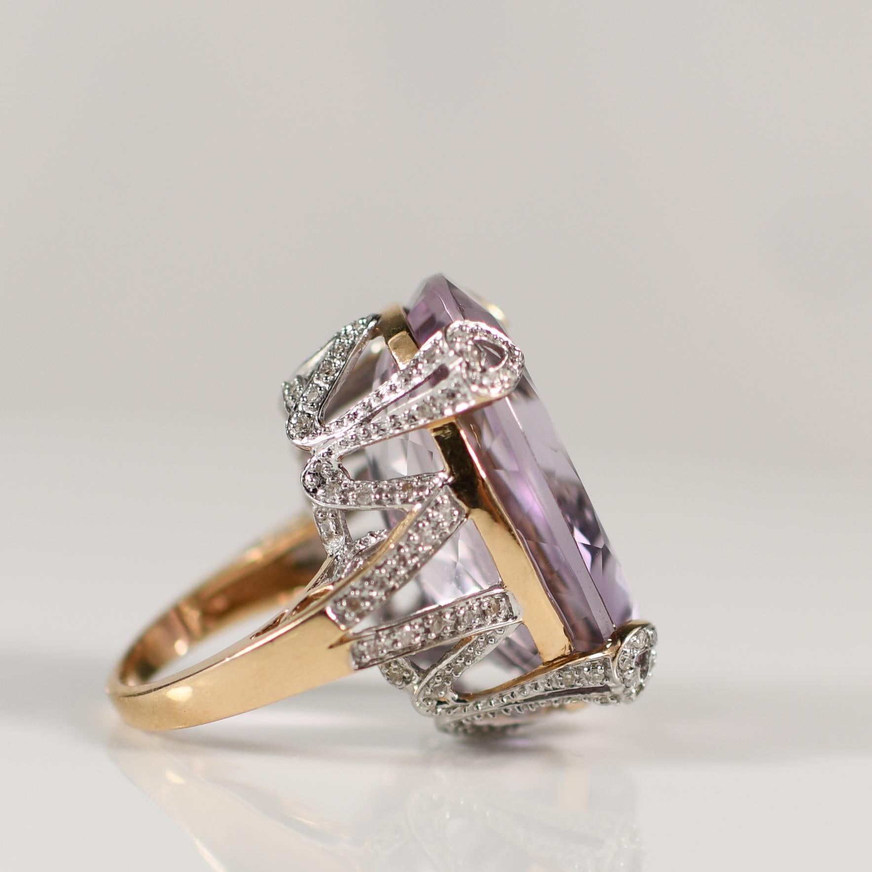 42ct Amethyst Statement Ring with Diamond Heart Motif in 14K Gold