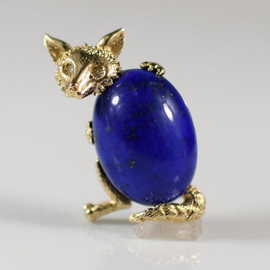 Lapis Lazuli & Diamond Fox Brooch in 14k Yellow Gold