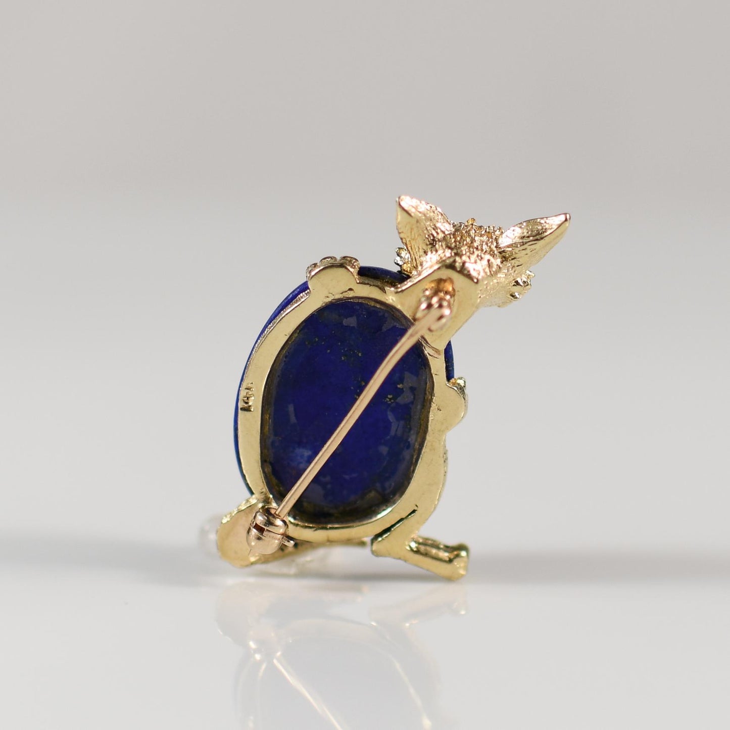 Lapis Lazuli & Diamond Fox Brooch in 14k Yellow Gold