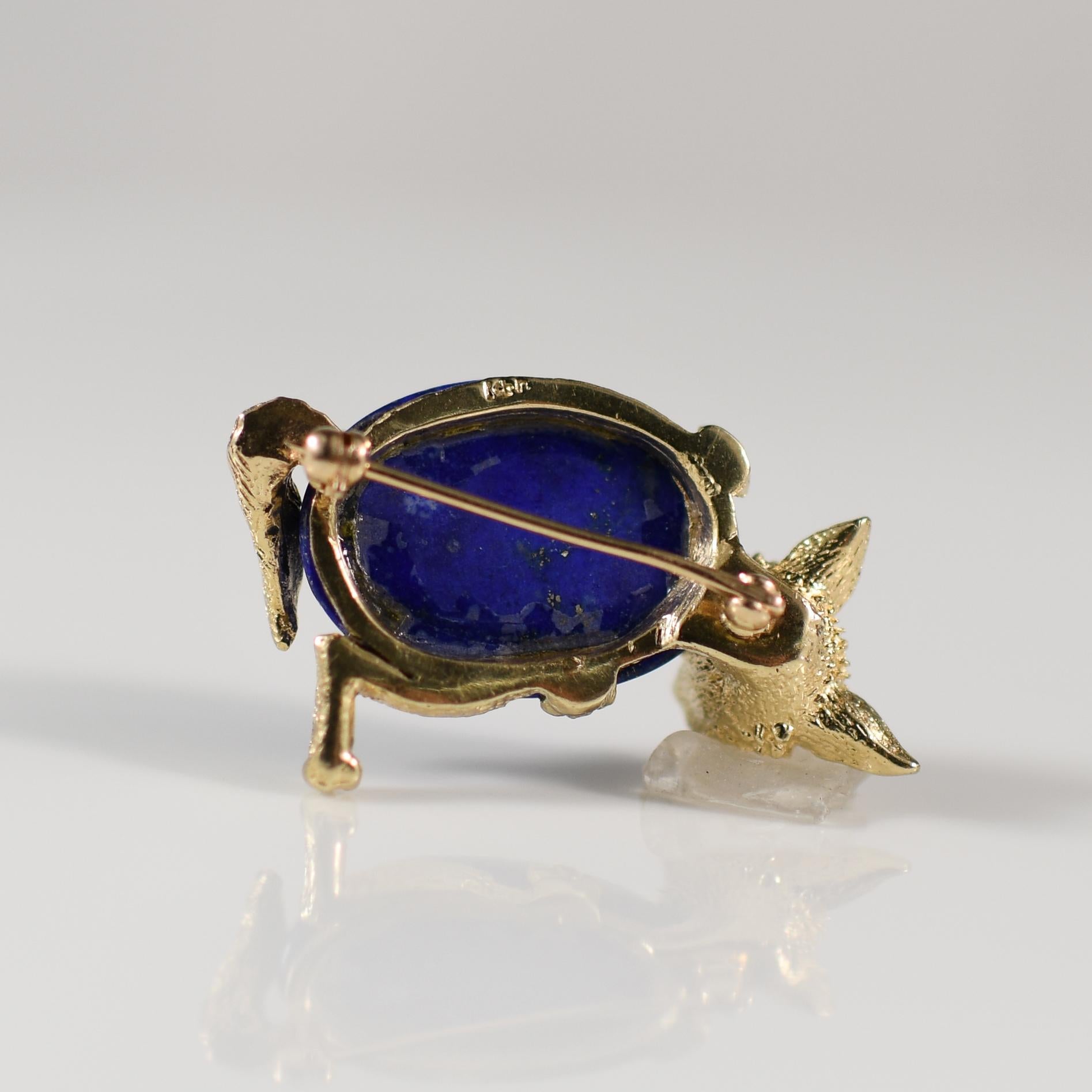 Lapis Lazuli & Diamond Fox Brooch in 14k Yellow Gold