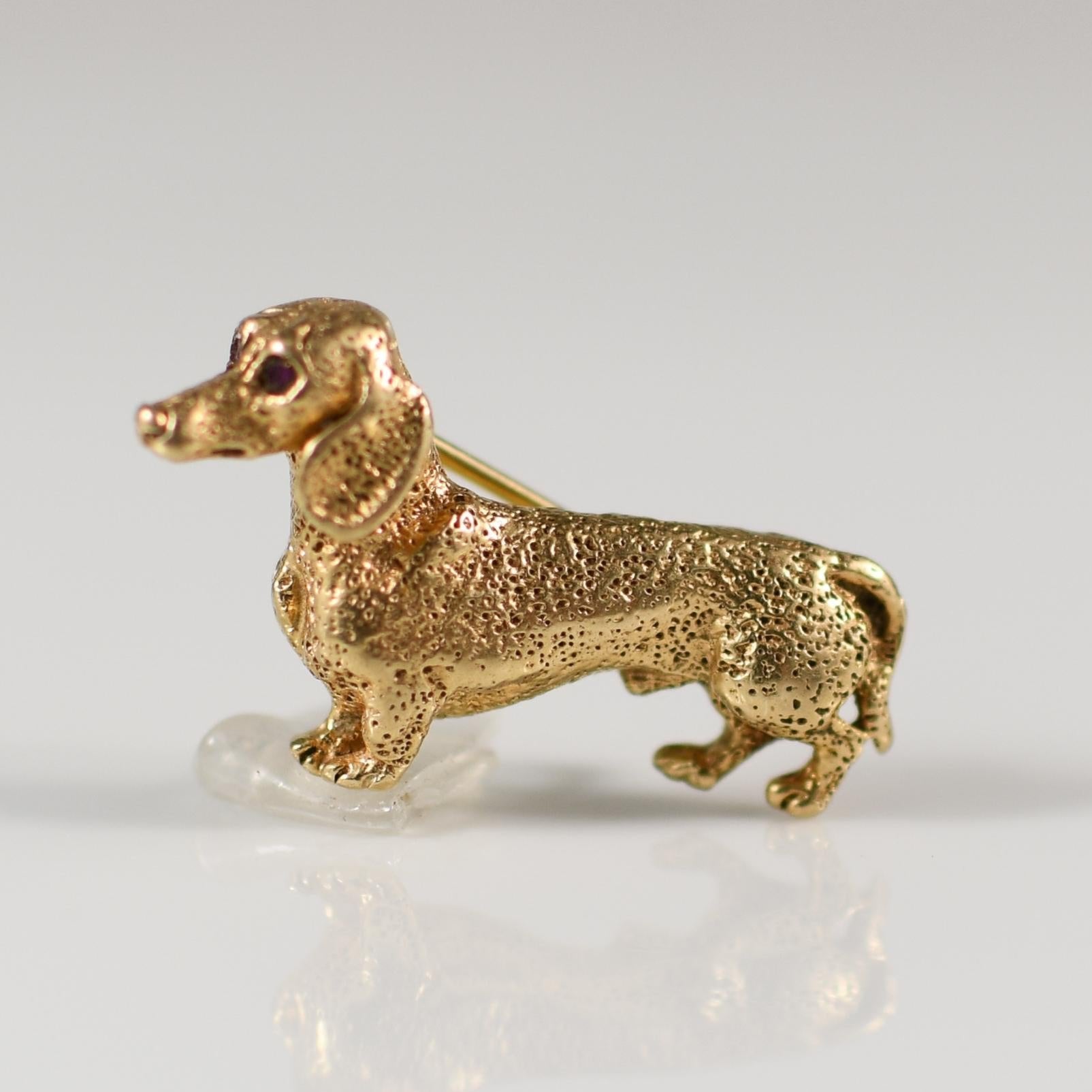 Dachshund 14K Yellow Gold Ruby Eye Dog Brooch by William Ruser