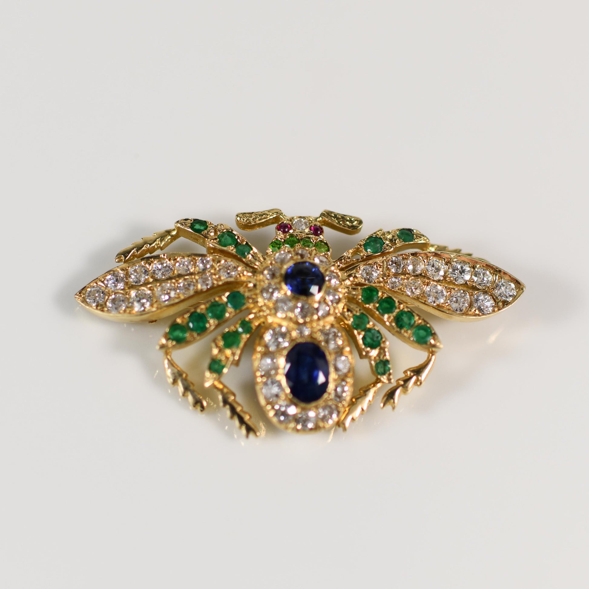 Sapphire Emerald Ruby Diamond Old Cut Gemstone Insect Brooch in 18K Yellow Gold