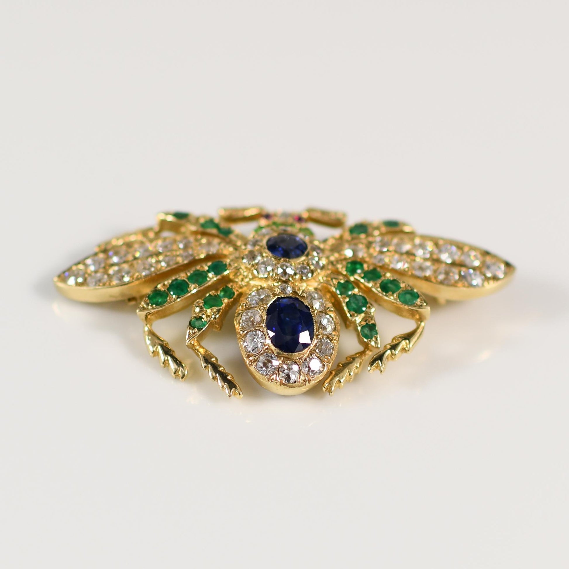 Sapphire Emerald Ruby Diamond Old Cut Gemstone Insect Brooch in 18K Yellow Gold