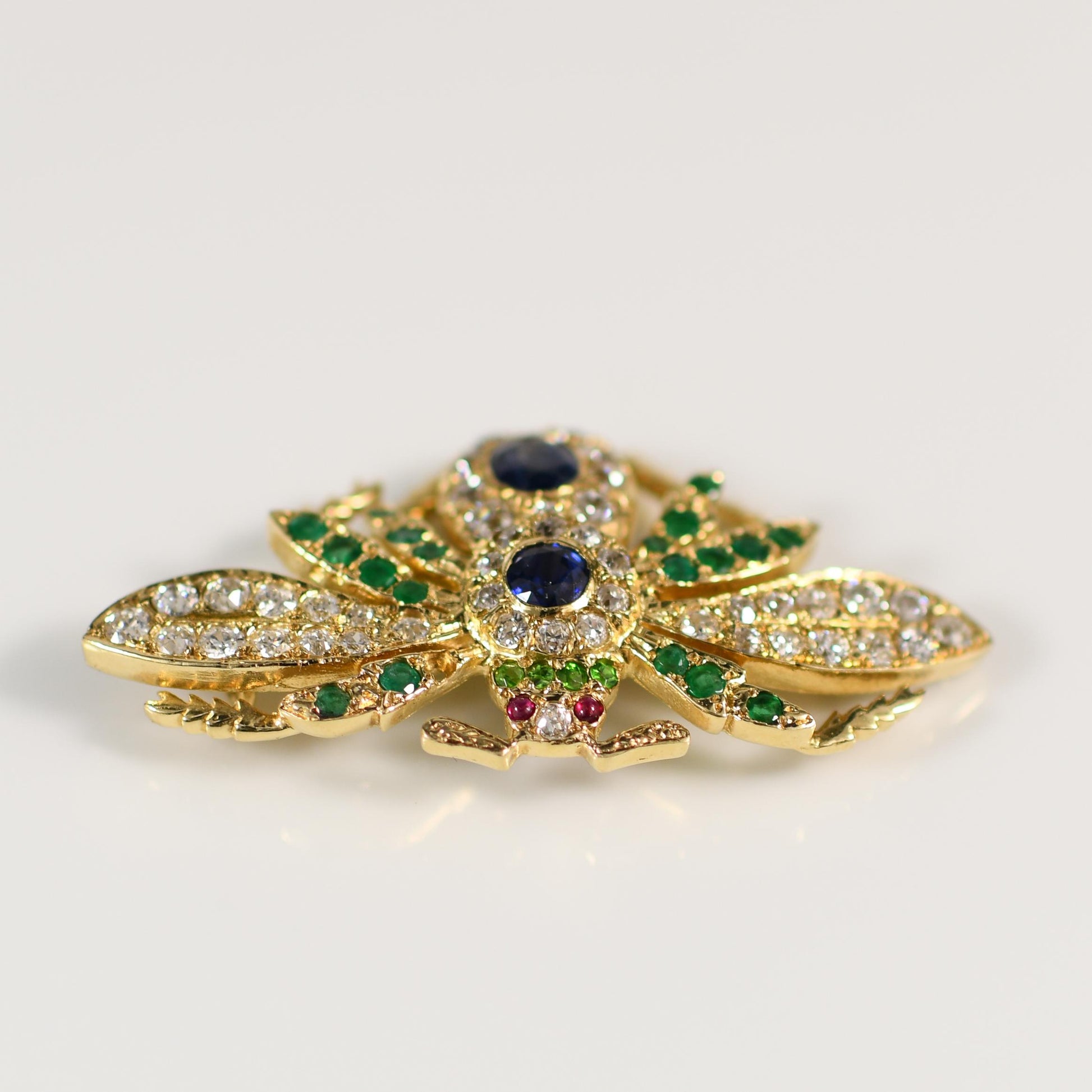 Sapphire Emerald Ruby Diamond Old Cut Gemstone Insect Brooch in 18K Yellow Gold