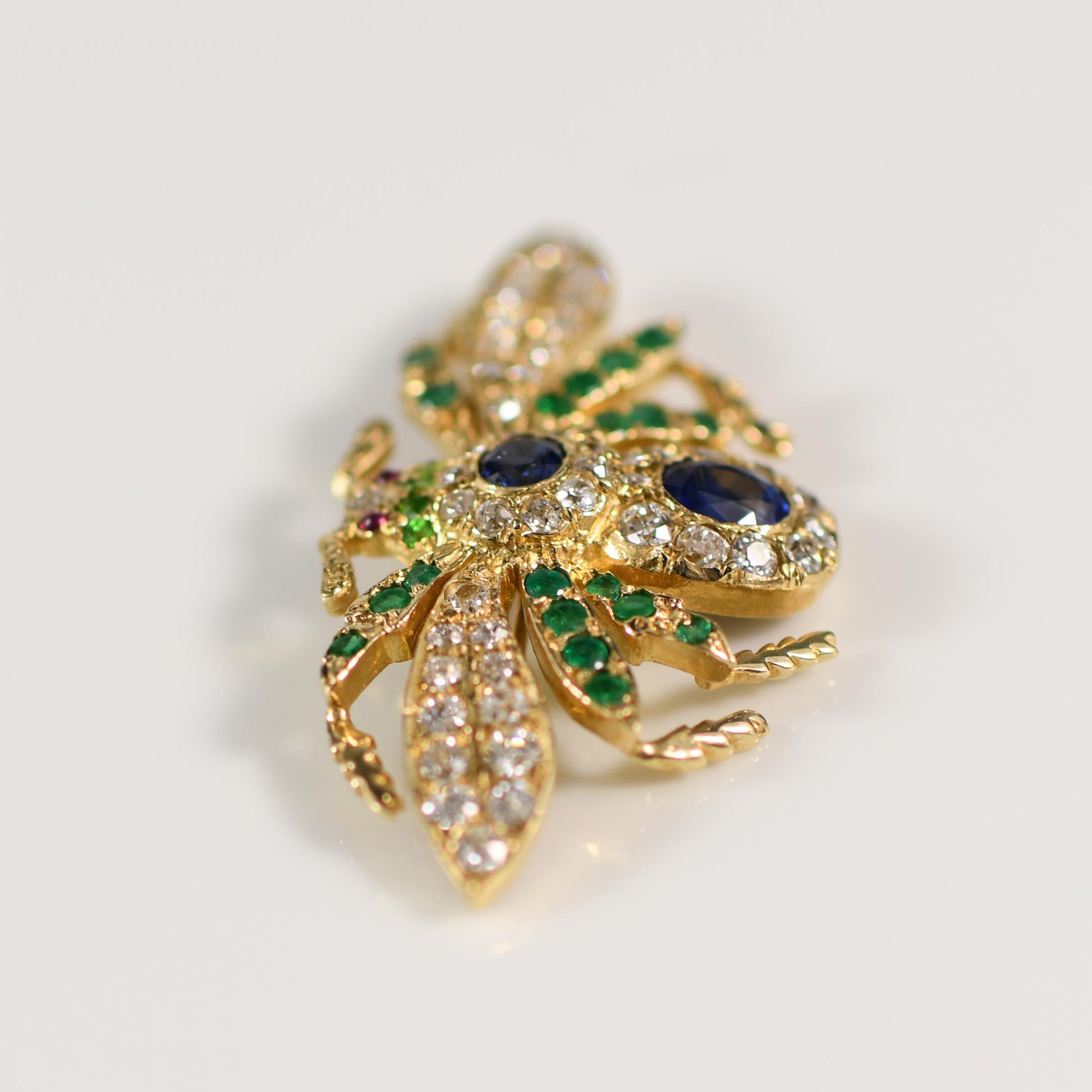 Sapphire Emerald Ruby Diamond Old Cut Gemstone Insect Brooch in 18K Yellow Gold