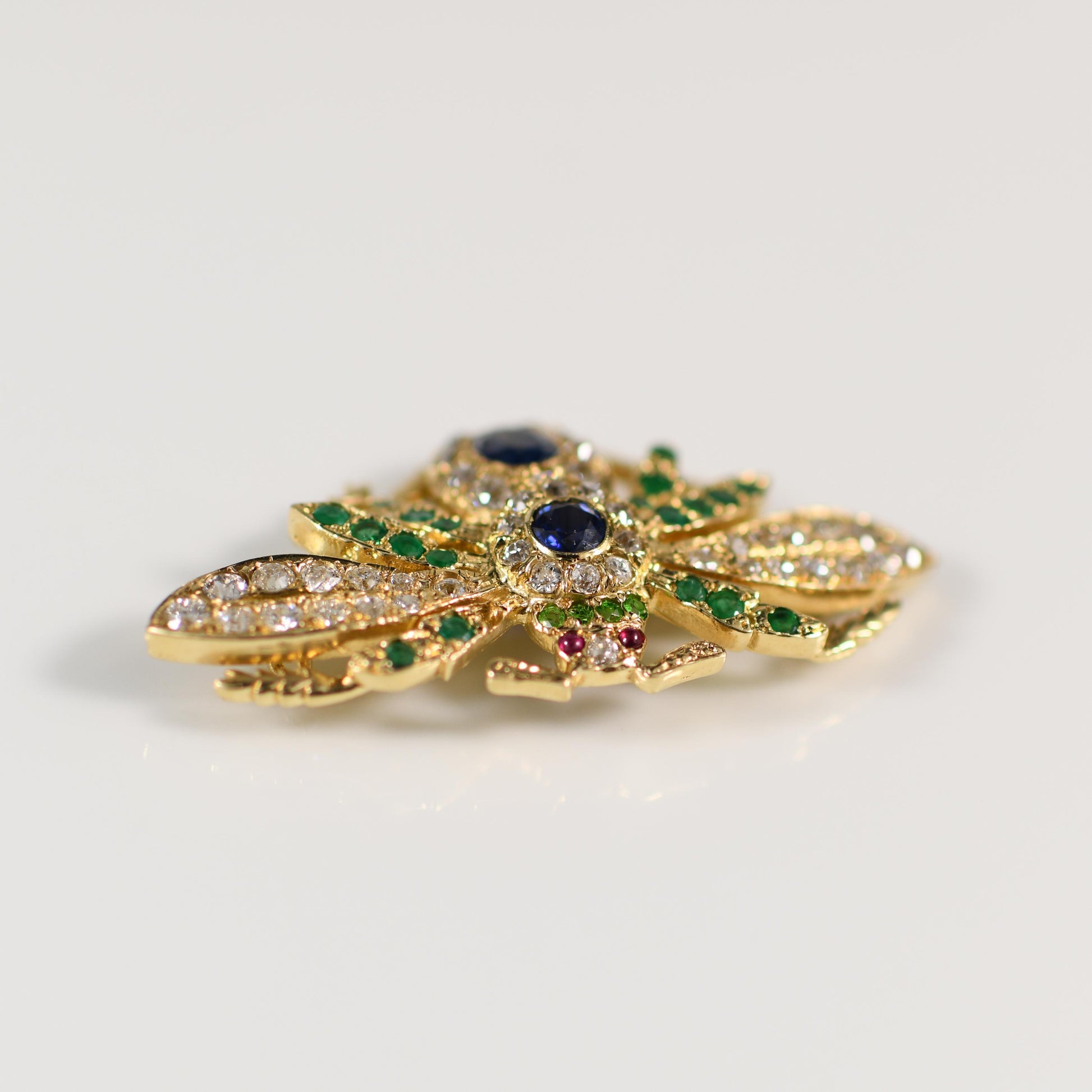 Sapphire Emerald Ruby Diamond Old Cut Gemstone Insect Brooch in 18K Yellow Gold