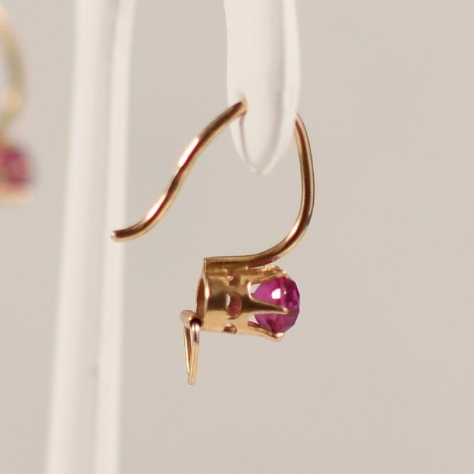 Vintage Soviet made Synthetic Ruby Earrings in 14K Yellow Gold