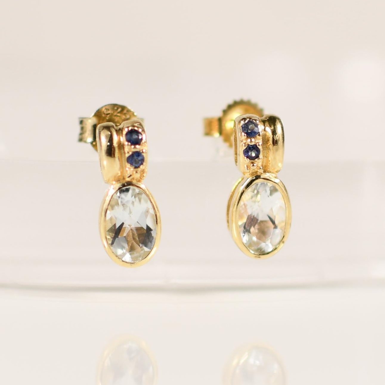 Aqua Earrings with Sapphire accents in 14K Yellow Gold