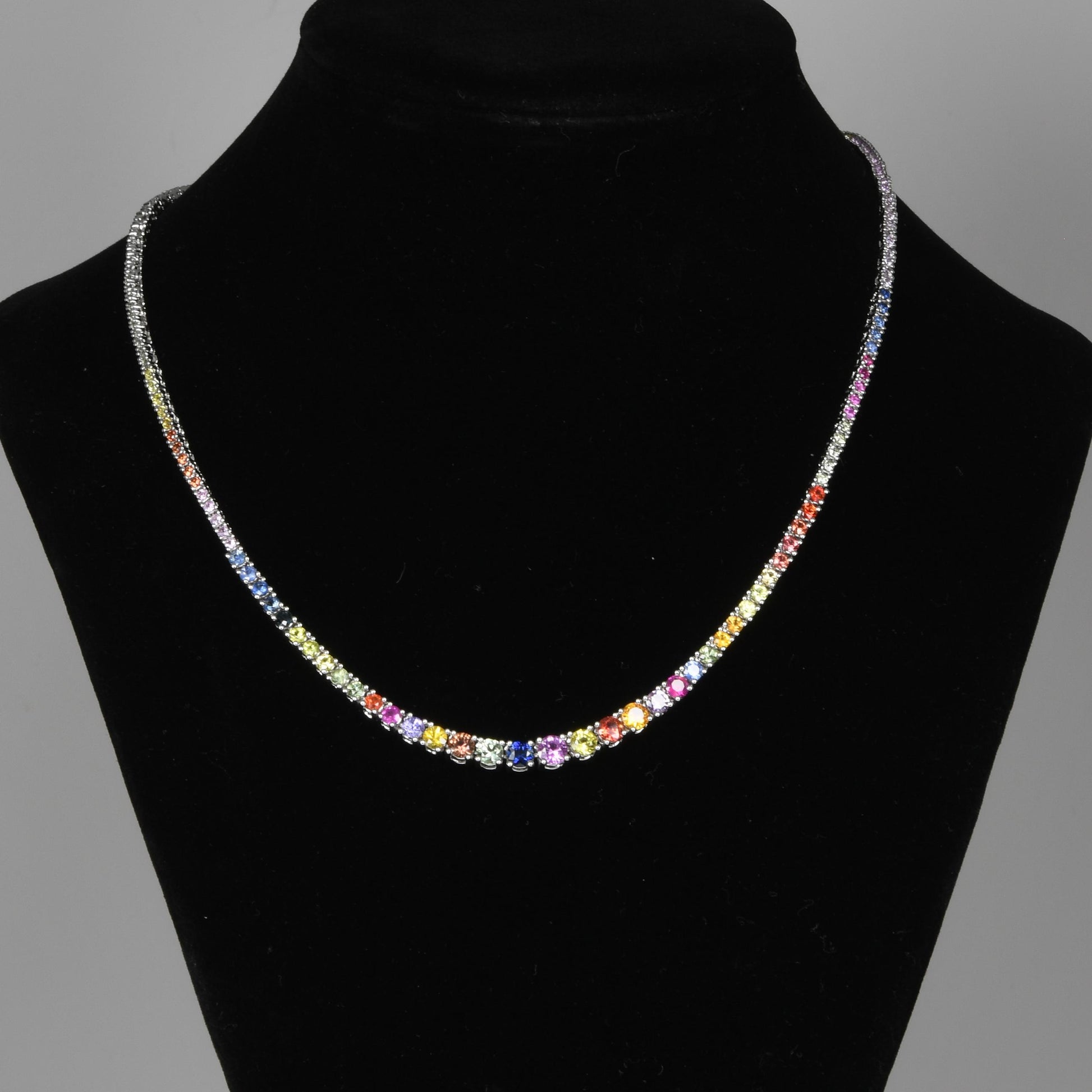 7.44ctw Graduated Multicolor Rainbow Sapphire Riviera Necklace 14k White Gold