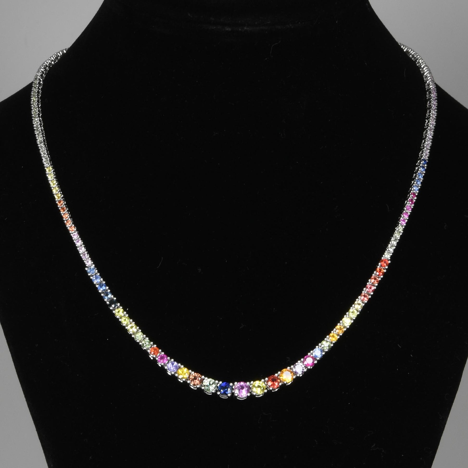 7.44ctw Graduated Multicolor Rainbow Sapphire Riviera Necklace 14k White Gold