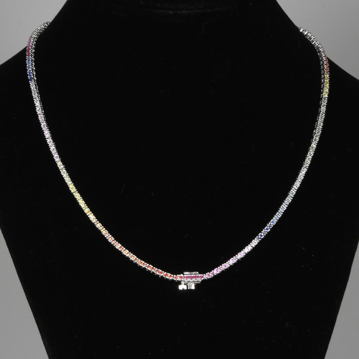 7.44ctw Graduated Multicolor Rainbow Sapphire Riviera Necklace 14k White Gold