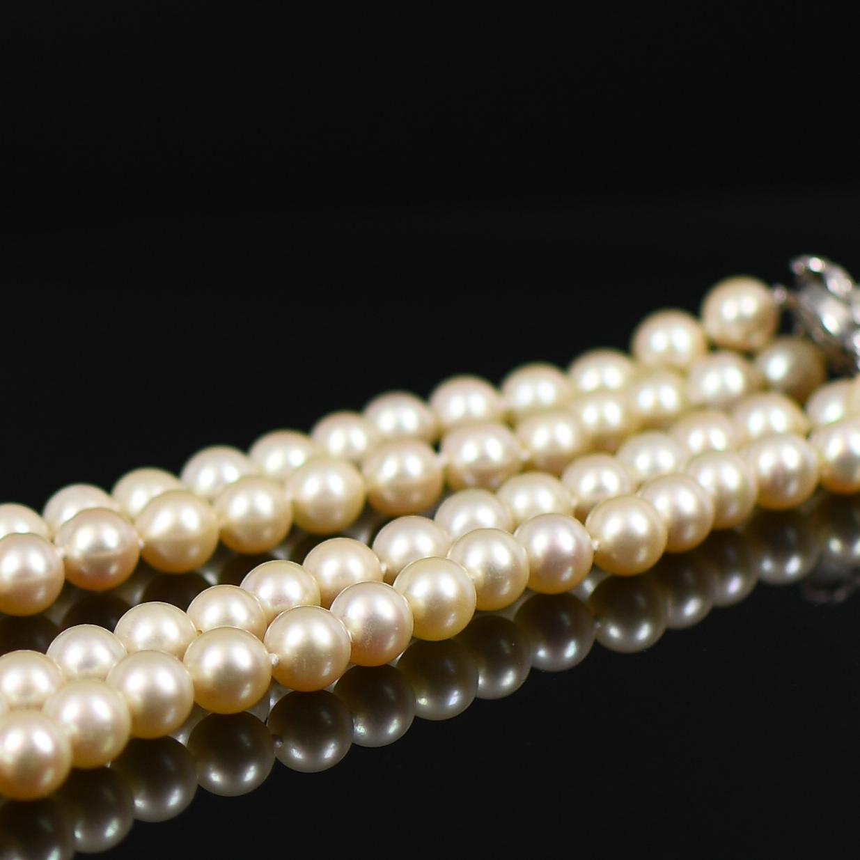 Double Strand of Cultured Pearls with "Flower" 14K White Gold Diamond Clasp