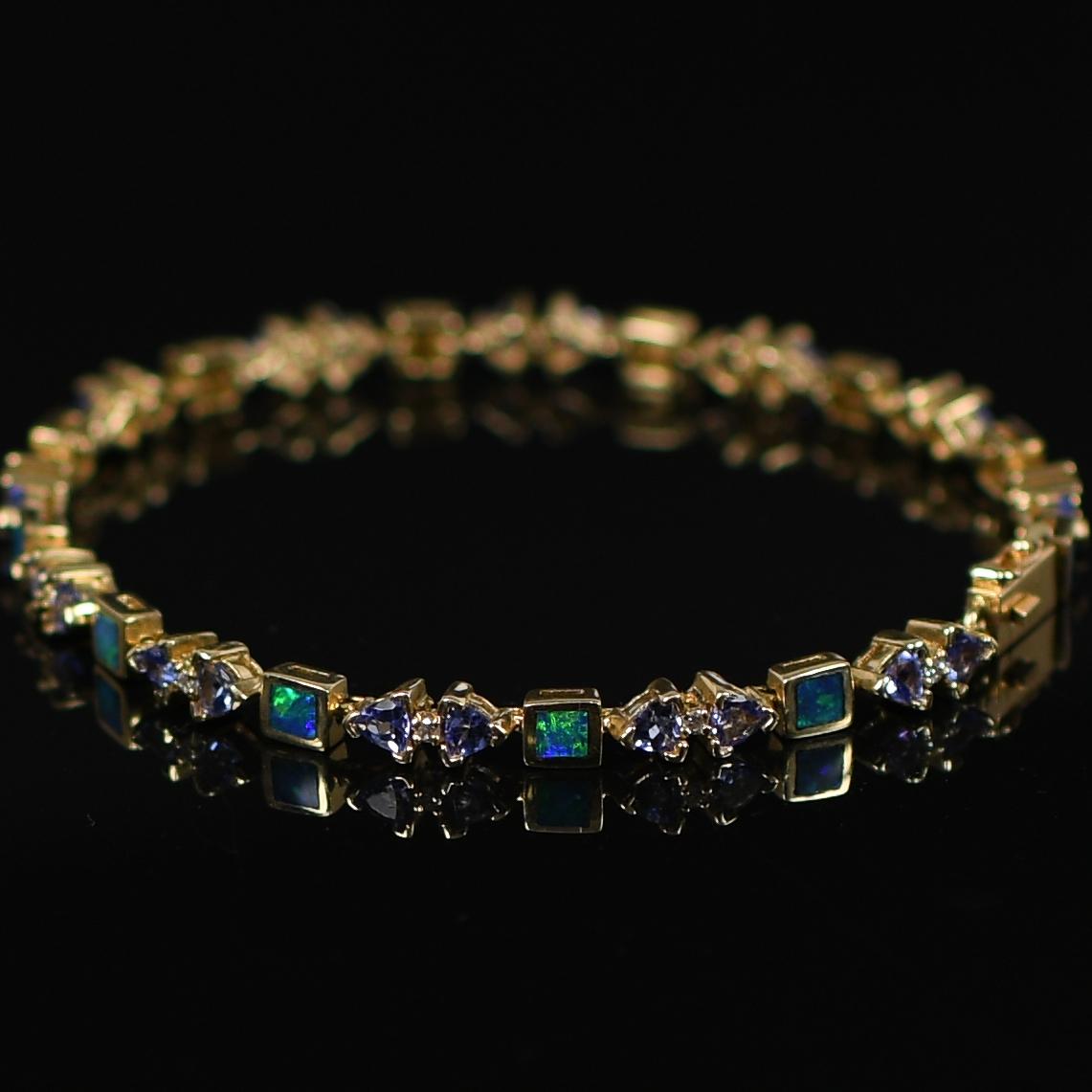 Opal Tanzanite Diamond Shapes Bracelet 14K Yellow Gold