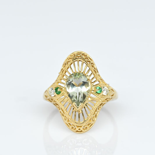 Green Beryl Pear Yellow Gold Filigree Shield Ring w Emerald & White Sapphire