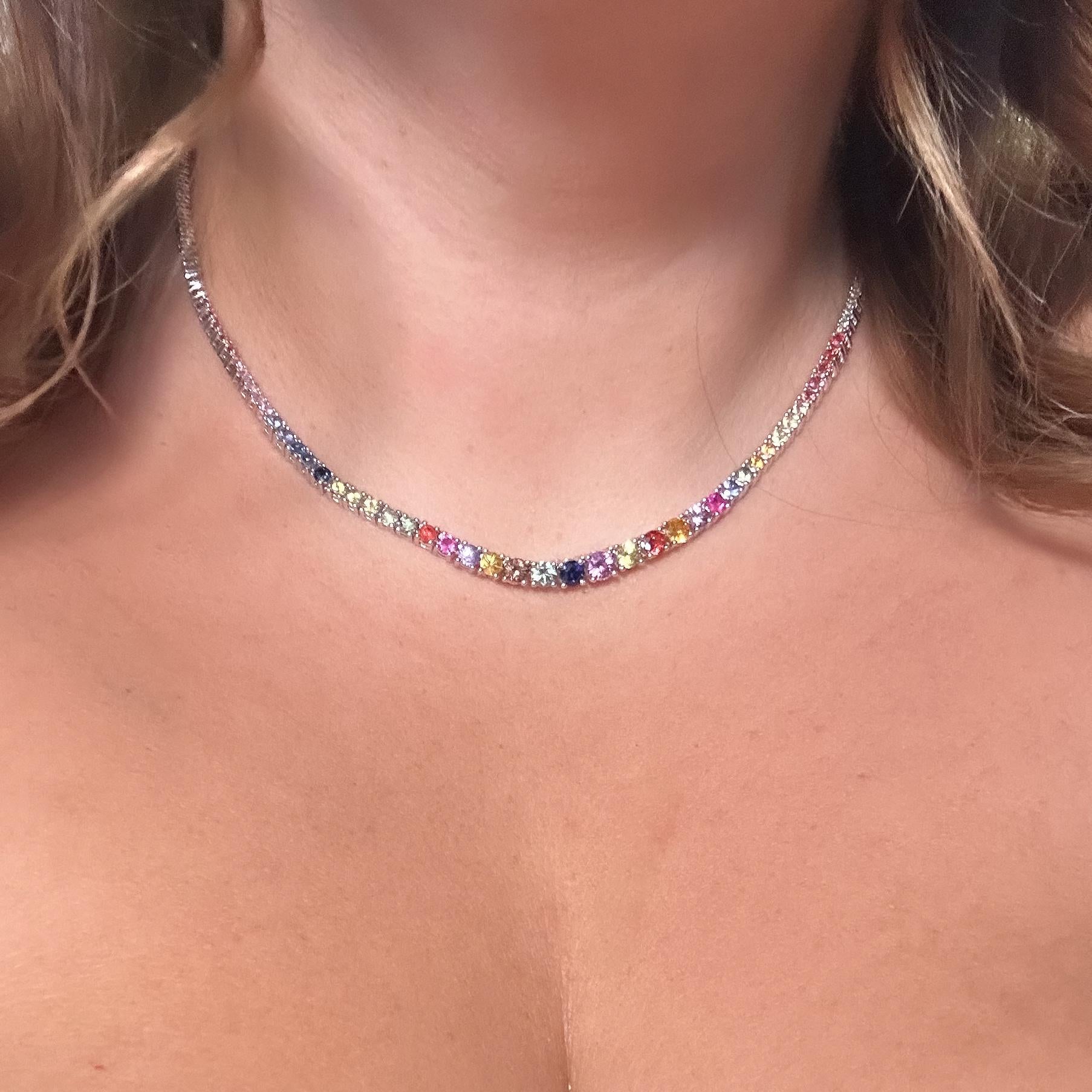 7.44ctw Graduated Multicolor Rainbow Sapphire Riviera Necklace 14k White Gold