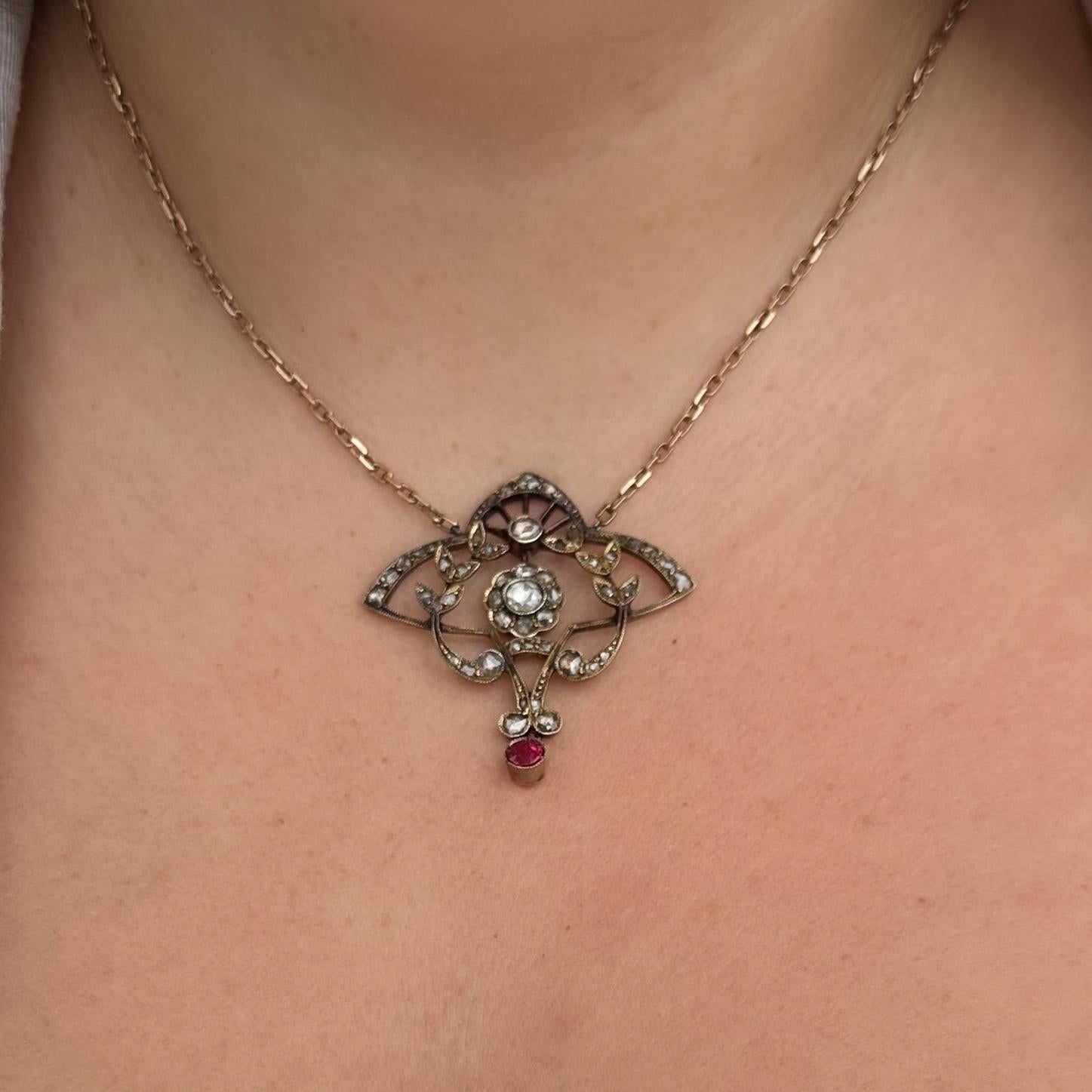 Victorian Yellow Gold Rose Cut Diamond and Ruby Necklace