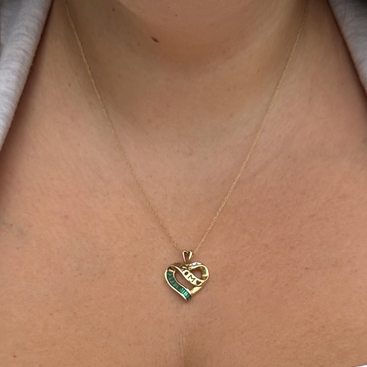 14K Yellow Gold Emerald MOM Heart Necklace