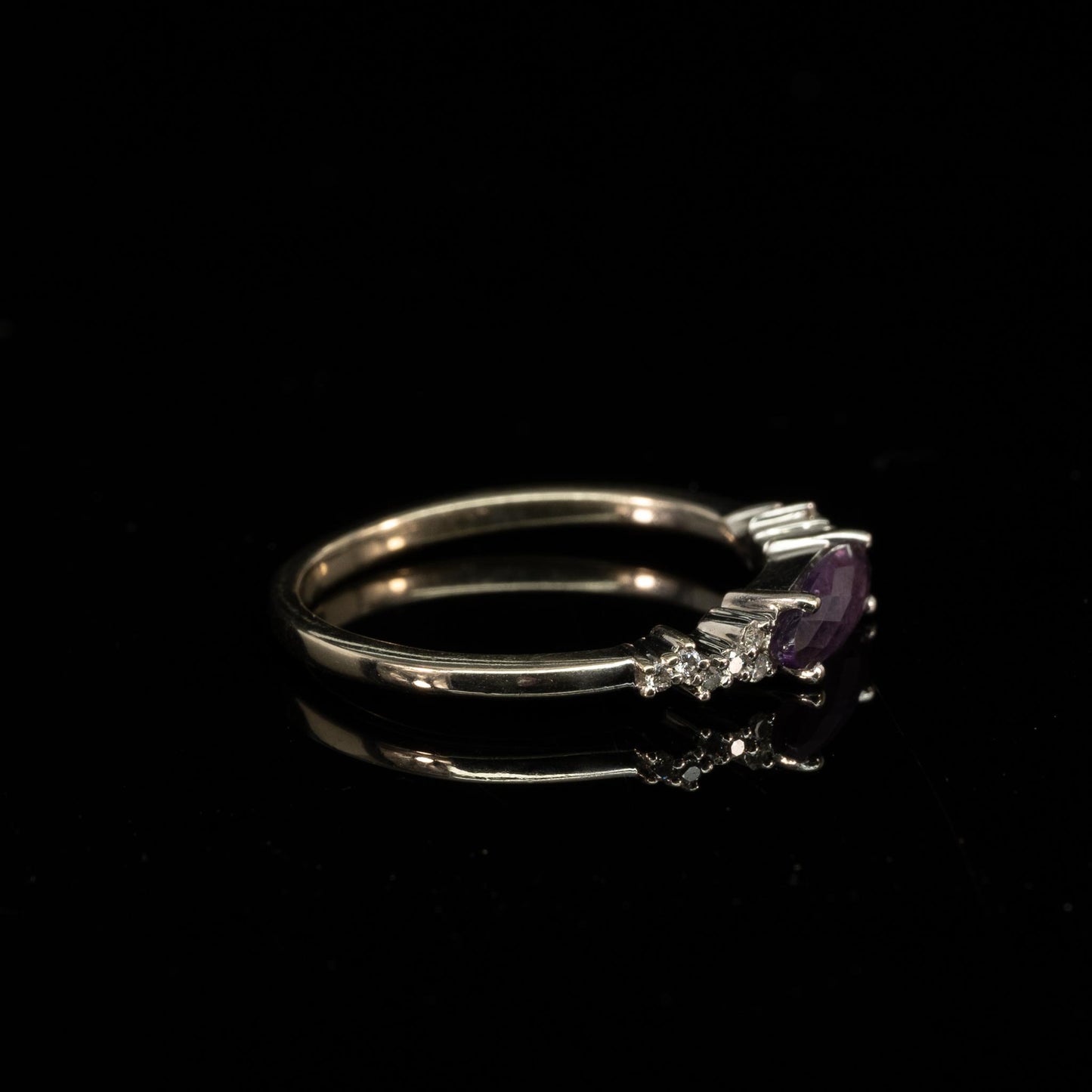 Marquise Amethyst and Diamond Thin Stackable Band 14k White Gold Ring