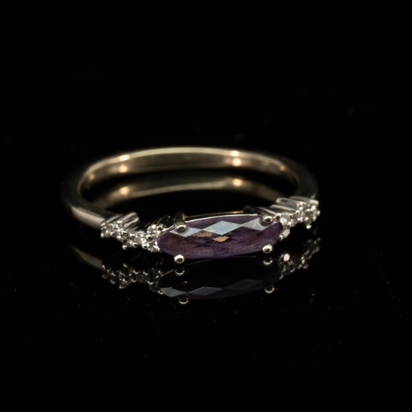 Marquise Amethyst and Diamond Thin Stackable Band 14k White Gold Ring