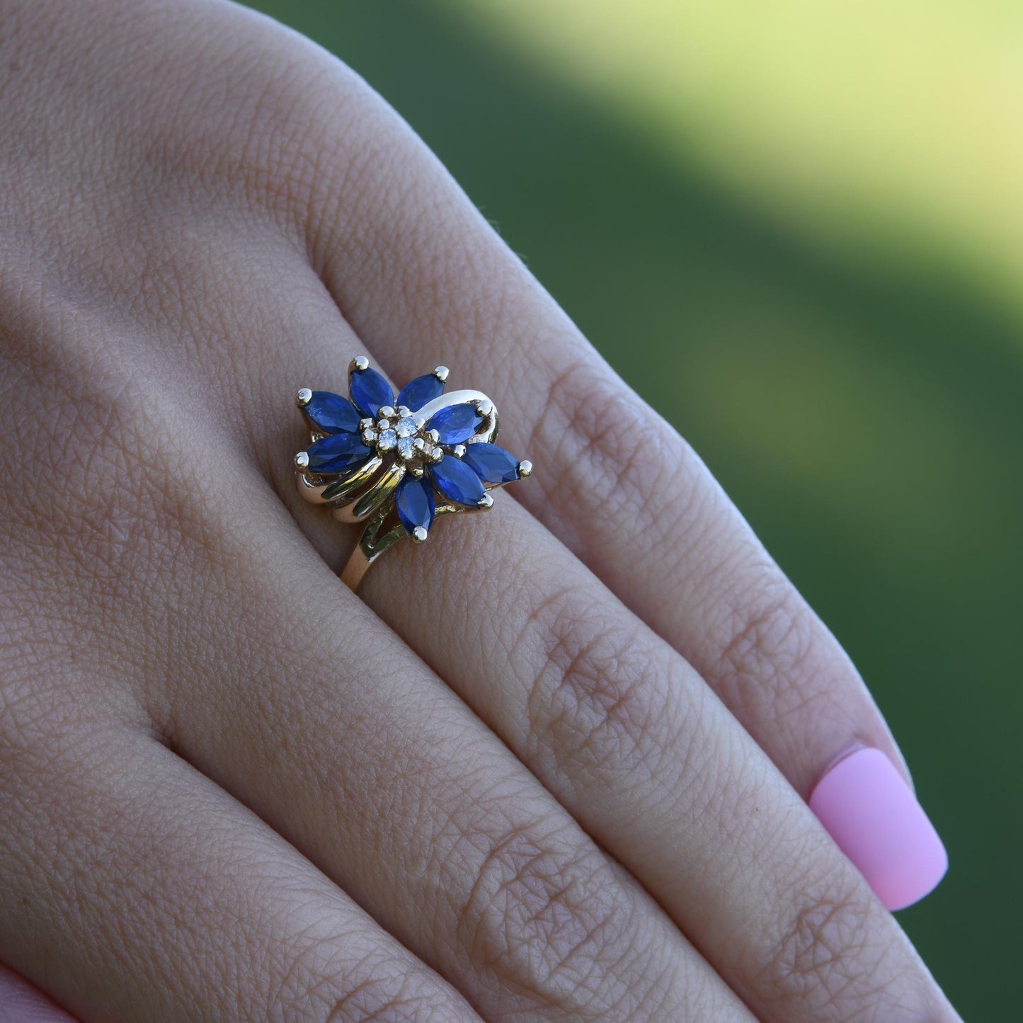 Marquise Blue Sapphire & Diamond Cluster Ring in 14k Yellow Gold