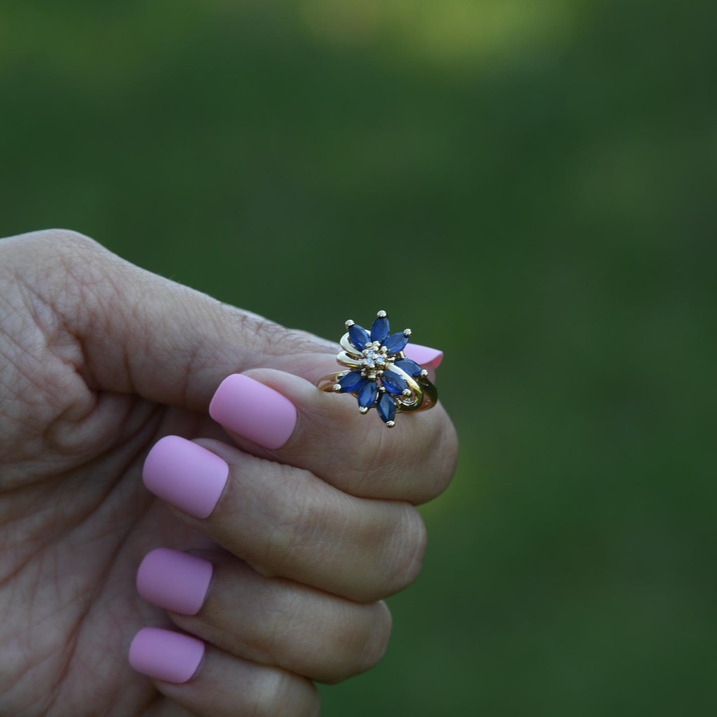 Marquise Blue Sapphire & Diamond Cluster Ring in 14k Yellow Gold